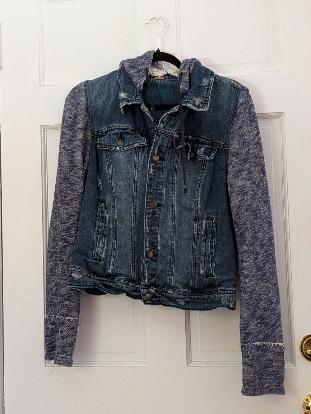 Free People Knit Hooded Distressed Denim Jacket Blue Gray - Picture 2 of 6